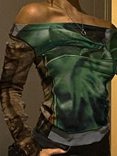 Schulterfreies, bedrucktes Crop-Top aus Netzstoff
